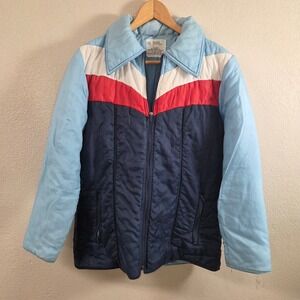 Vintage 70s Colorblock Puffer Jacket Blue Red White Chevron Ski Coat RN 50673